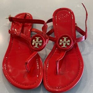 Tory Burch Red Patent Logo Thong Sandals with Gold Emblem